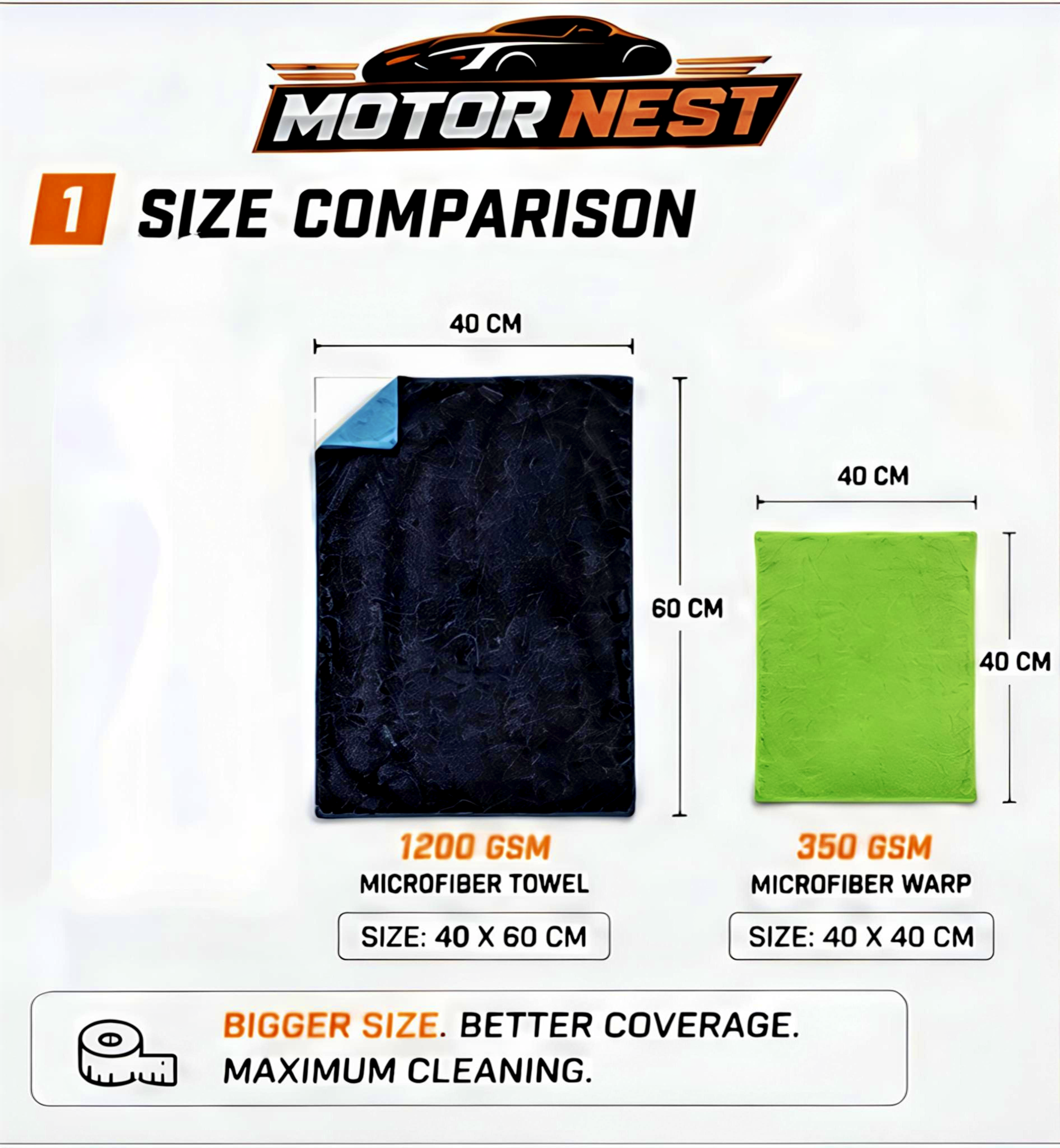 MotorNest 1200 GSM Premium Microfiber Car Drying Towel (40×60 cm) + Free 350 GSM Microfiber Cloth