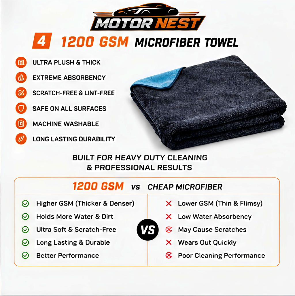 MotorNest 1200 GSM Premium Microfiber Car Drying Towel (40×60 cm) + Free 350 GSM Microfiber Cloth