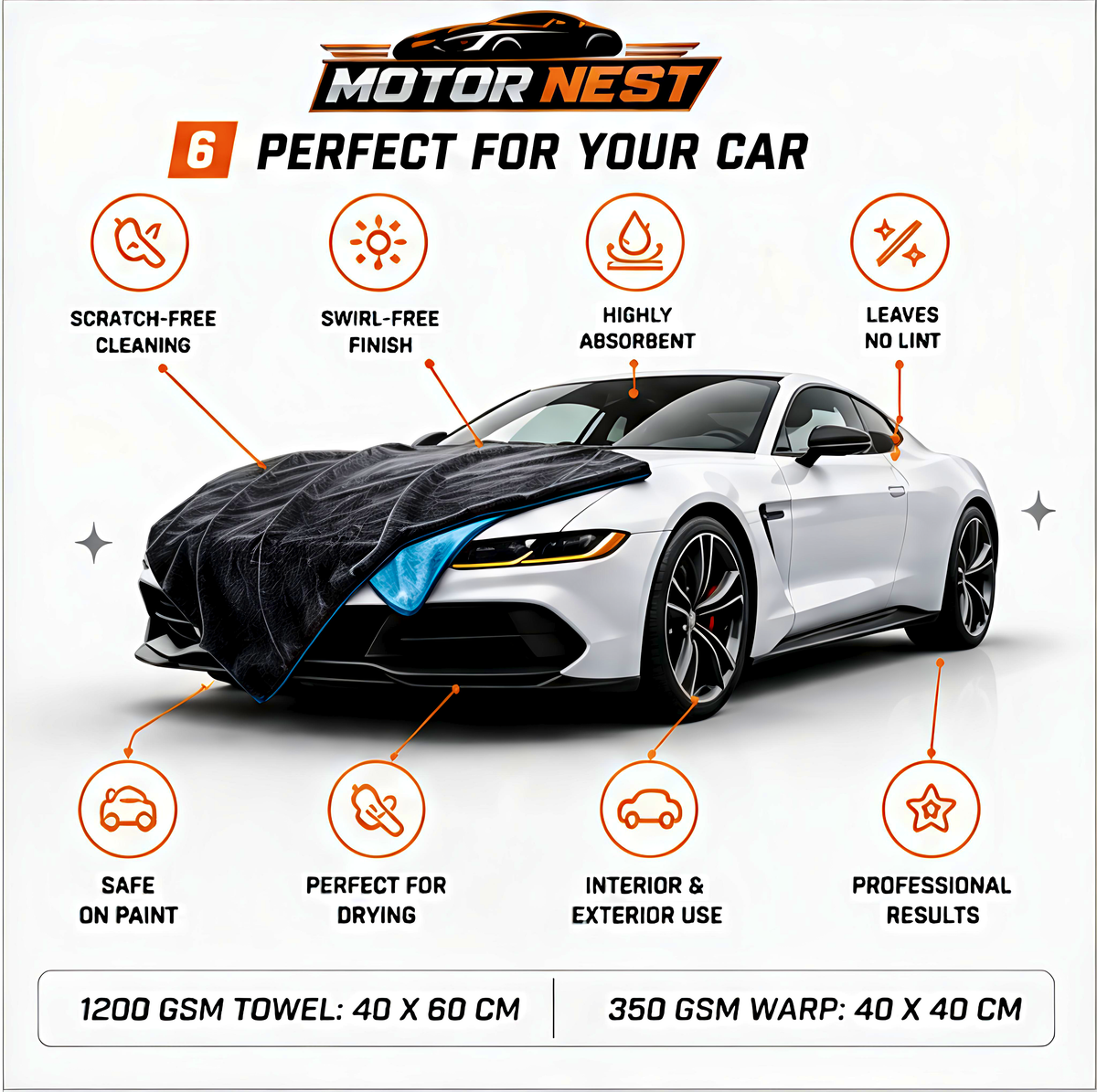MotorNest 1200 GSM Premium Microfiber Car Drying Towel (40×60 cm) + Free 350 GSM Microfiber Cloth